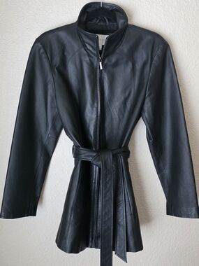 Vintage Worthington| Black Lambskin Leather Belted Women's Jacket - Moto Style M